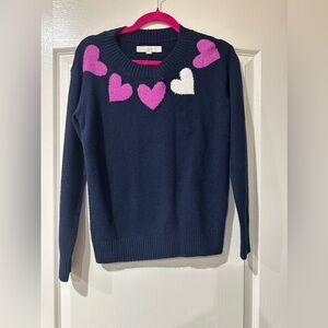 LOFT Navy Sweater with Magenta and White Hearts XS-NWT